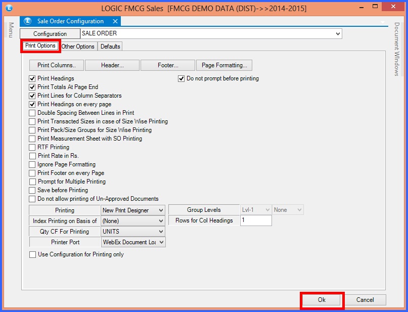 fmcg sale order configuration print options